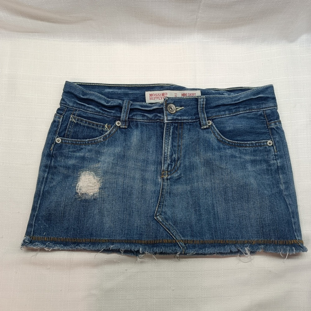 90s Y2K Mossimo Demin Mini Skirt Women's 7 Low Rise Distressed Embroidered Vtg‎